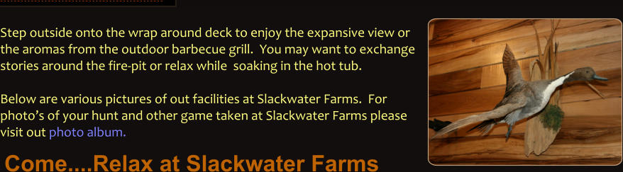 Step outside onto the wrap around deck to enjoy the expansive view or  the aromas from the outdoor barbecue grill.  You may want to exchange stories around the fire-pit or relax while  soaking in the hot tub.  Below are various pictures of out facilities at Slackwater Farms.  For photo’s of your hunt and other game taken at Slackwater Farms please visit out photo album. Come....Relax at Slackwater Farms